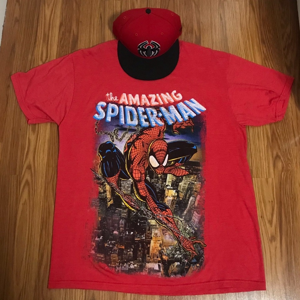 Red Marvel Spiderman Shirt Size Large w/ Red Spiderman New Cap Era Snapback
